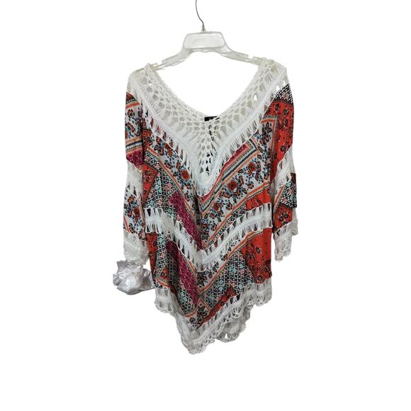 4113) Vivid Mix Print Crocheted Boho V Neck Tunic Hollow out Cover Up Size 3X - Picture 2 of 9